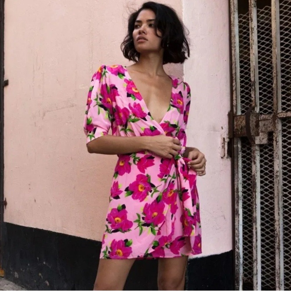 The Kooples Silk Floral Mini Dress Sz 2 Pink Wrap Plunge Neckline Short Sleeve
